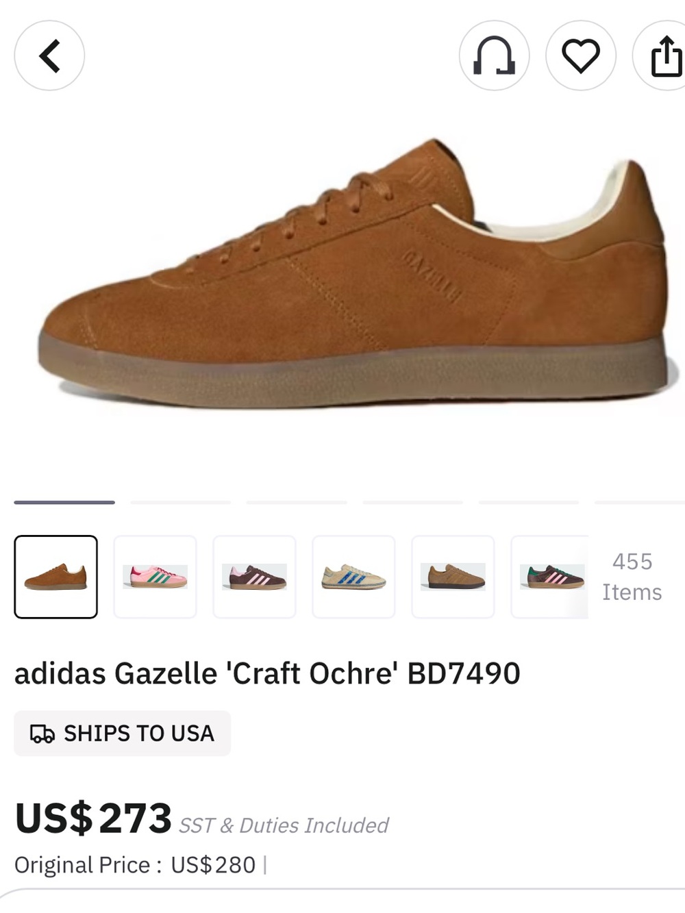 Like New Adidas Gazelle Men's 'Craft Ochre' BD7490 Suede Sneakers Cognac Suede
